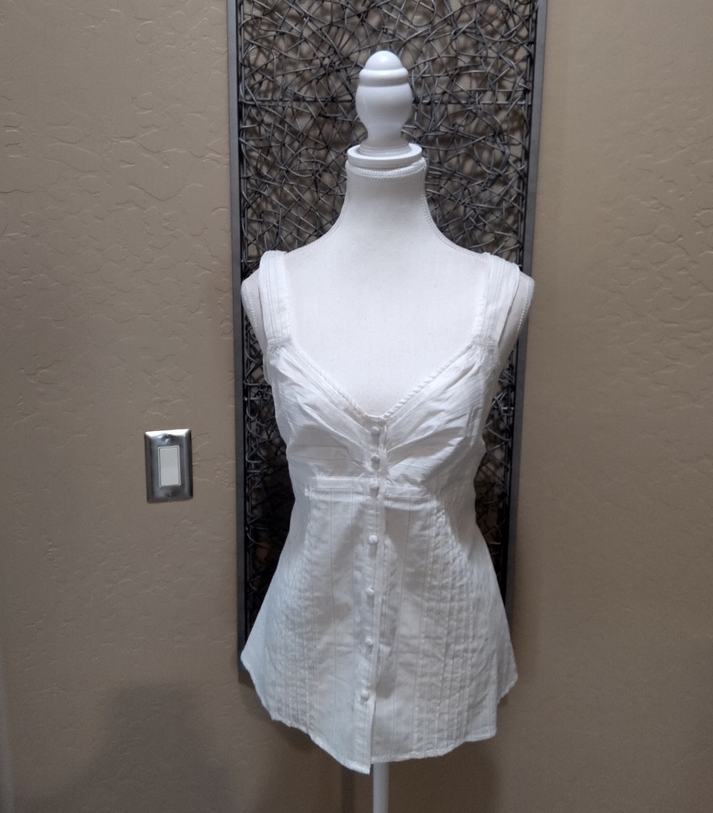 White House Black Market White with Black Pinstripes Sleeveless Button-Front Top